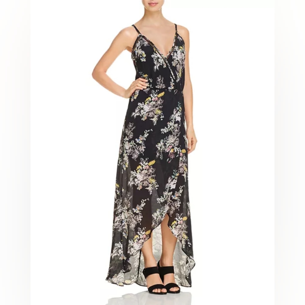 Karina Grimaldi Briana Crossover Maxi Dress in Black Garden